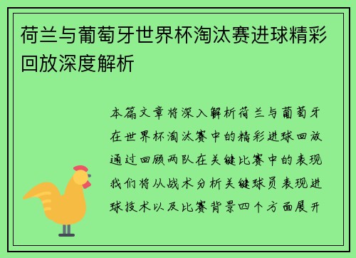 荷兰与葡萄牙世界杯淘汰赛进球精彩回放深度解析